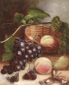 Grapes, peaches, a pear and cobb nuts with a basket on a table