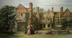 Country House Possibly Ightham Mote With Figures And Dogs In The Foreground by John Edmund Buckley