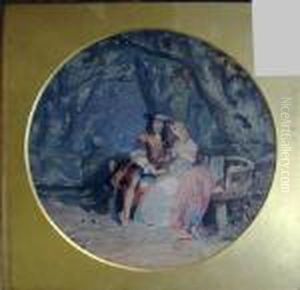 'a Cavalier And His Love Seated
Beneath A Tree', Handcoloured Engraving, 22cm Diam, Signed In The Stone,
In Gilt Frame by John Edmund Buckley