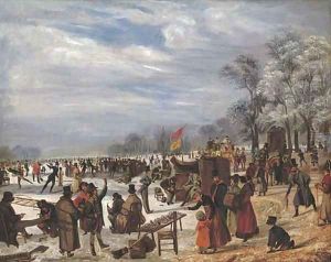 Skaters on a frozen lake by J. Baber