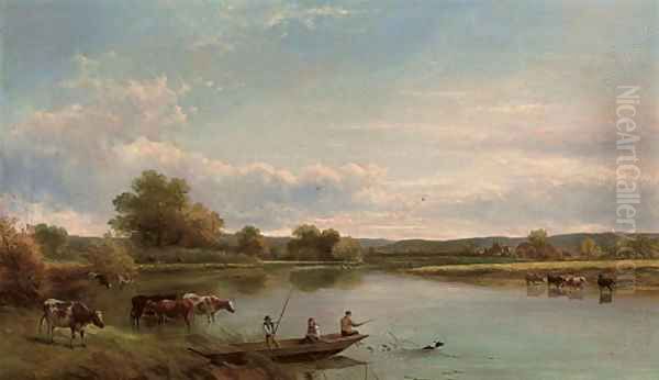 Figures in a punt, with cattle watering - view 1