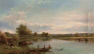 Figures in a punt, with cattle watering