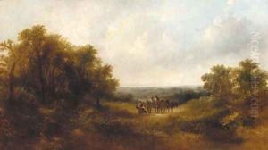 Figures in a horse and cart in an extensive landscape by Adam Barland