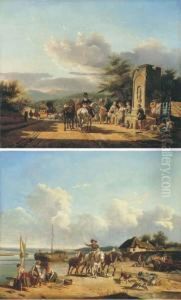 Washerwomen In A Landscape; And Travellers On A Path By Anestuary Washerwomen In A Landscape; And Travellers On A Path By Anestuary