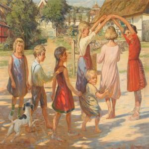 Village Scene With Children Playing On The Street by Carl Budtz-Moller