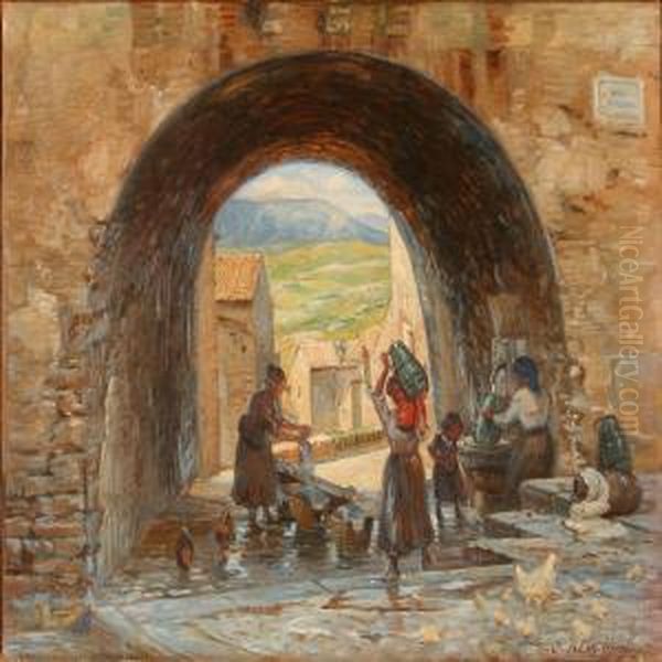 Italian Street Scene With Women By A Fountain - view 1