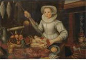 A Maid In A Kitchen Interior by Joachim Beuckelaer