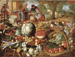 A Greengrocer's Stall With The Flight Into Egypt Beyond by Joachim Beuckelaer