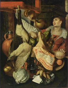 A Kitchen Still Life With A Maid Holding A Jug, Poultry, Meat, Cabbage, And Fruit by Joachim Beuckelaer