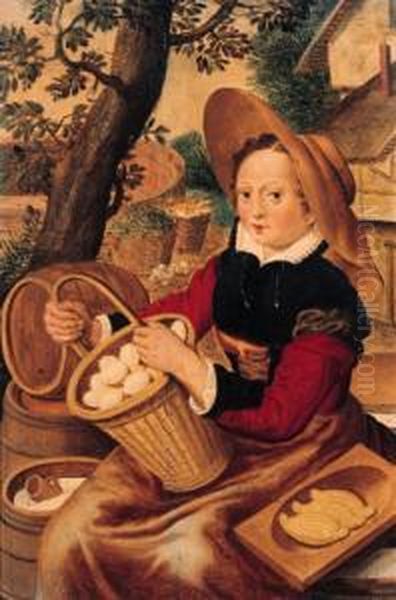 A Peasant Woman Offering Eggs, Butter And Milk At A Stall By Afarm - view 1