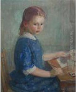 The Artist's Daughter Lydia Painting A Watercolor by Karl Albert Buehr