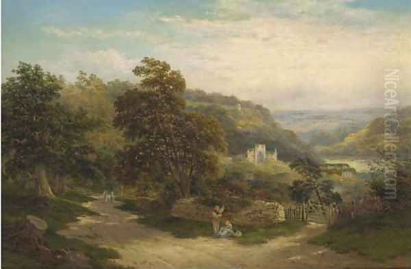 Figures on a sunlit lane, Tintern Abbey beyond - view 1