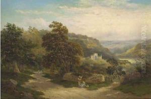 Figures on a sunlit lane, Tintern Abbey beyond by John Henry Boel