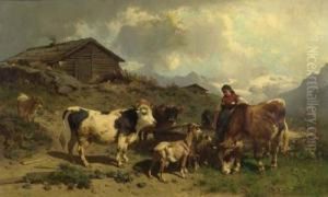 Hirten Mit Kuhen Vor Alpenlandschaft. by Conrad Buhlmayer