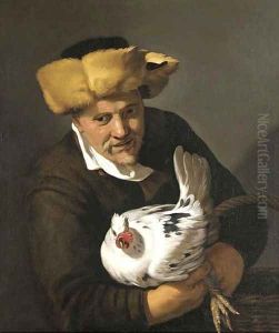 A poulterer in a fur hat holding a hen and a basket by Hendrick Bloemaert