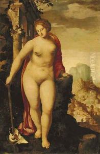 A Personification of Peace in a landscape with classical ruins, a city beyond by Jacob De Backer