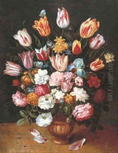 Tulips, daffodils, roses, an iris and other flowers in a pottery vase on a ledge by Osias, The Younger Beert