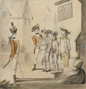 The Unfortunates Outside The Old Fortune Tavern Being Press Ganged By Two Young Officers by Henry William Bunbury