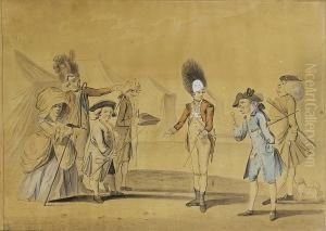 A Visit To The Camp. Maccaroni And A Lady Being Shown A Military Camp By Young Ensigns by Henry William Bunbury