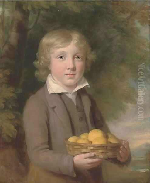 Portrait of a boy, half-length, wearing a brown suit and holding a basket of apples - view 1