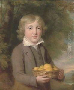 Portrait of a boy, half-length, wearing a brown suit and holding a basket of apples