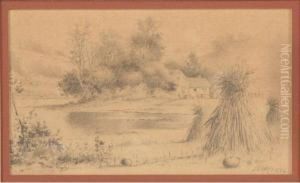 Fall Landscape With Corn Shocks In The Foreground, A Home Beyond by John Elwood Bundy