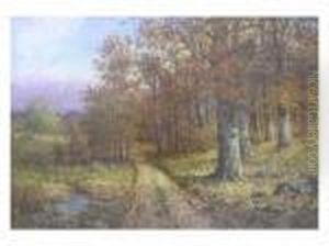 Path To Winter, An Autumn Landscape With Path Along Creek by John Elwood Bundy