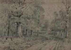 A Beech Woods With Road And Stream by John Elwood Bundy