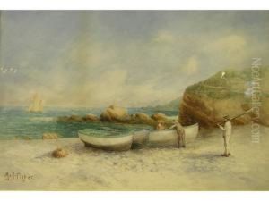 Three Rowing Boats On A Beachwith Figures by Andrew Fisher Bunner