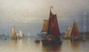 Rhine-boats On The River Maas, Off The Coast Of Dordrecht,holland by Andrew Fisher Bunner