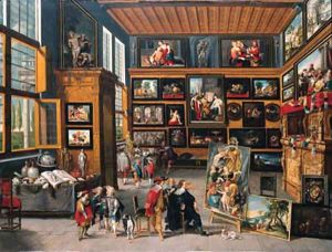 A spacious entrance hall the walls hung with pictures, collectors' items on tables, and an artist showing a painting to a connoisseur