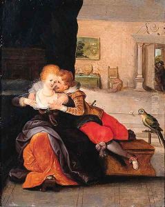 A couple embracing in an interior