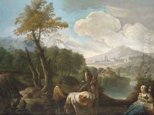 A landscape with farm labourers on a track, a lakeside town beyond