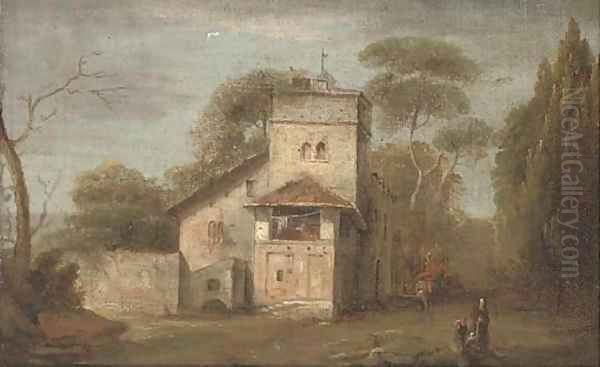 A wooded landscape with travellers by a house - view 1