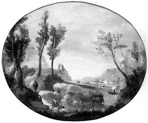 Fishermen in an extensive river landscape by Giuseppe Bernardino Bison