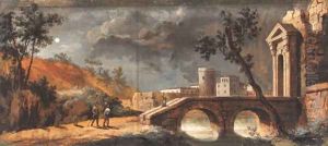 A moonlit capriccio of a classical town with travellers on a path by a bridge by Giuseppe Bernardino Bison