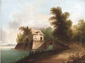 A river landscape with anglers on a track
