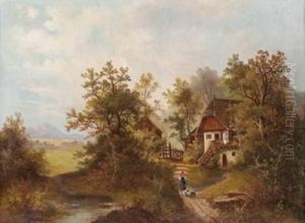 Salzburger Sommerlandschaft Mit Gehoft, Gansehirtin Und Blick Auf Stadt Mit Untersberg - view 1