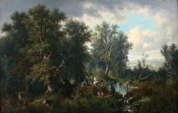 Boomrijk Landschap Met Jagers En Honden - view 1