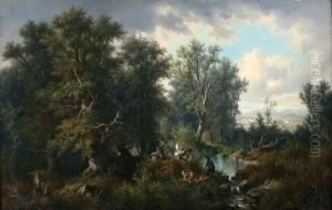 Boomrijk Landschap Met Jagers En Honden by Josef, Jacob Burgaritzky