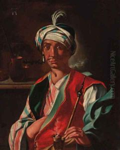 An Oriental man, in a plumed turban, smoking a hookah by Giuseppe Bonito