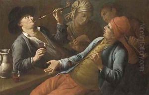 Peasants drinking and smoking in an interior by Giuseppe Bonito