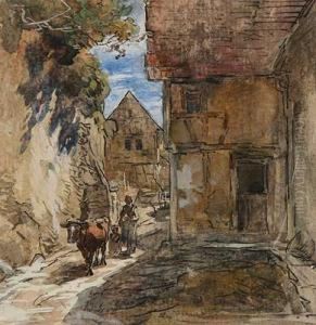 Bauerin Mit Kind Treibt Kuh Durch Eine Gasse by Anton Burger