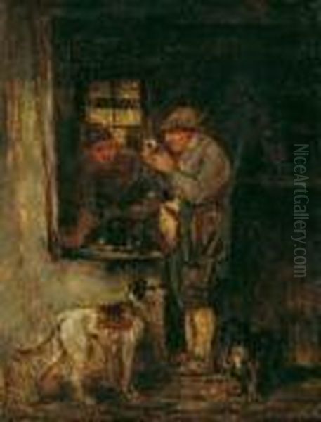 Wirtshausinterieur Mit Einem Jager Und Zwei Hunden. Ol Auf Holz. H 16,8; B 13 Cm. - view 1