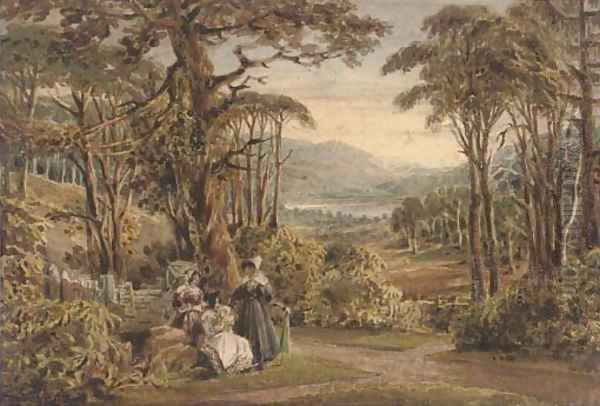 Figures with parasols conversing in an arcadian landscape - view 1
