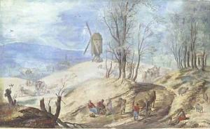 A hilly wooded landscape with a windmill by Jan The Elder Brueghel