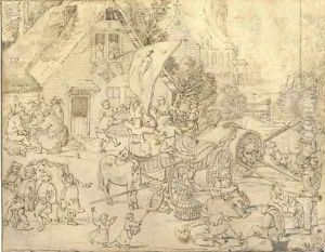 A village festival with peasants dancing by Jan The Elder Brueghel