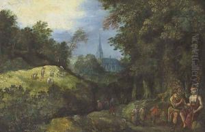 Figures in a wooded landscape by Jan The Elder Brueghel