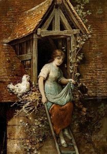 A Young Girl Collecting Eggs While Standing On A Ladder