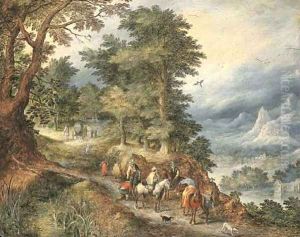 A mountainous landscape with travellers on a path by Jan The Elder Brueghel